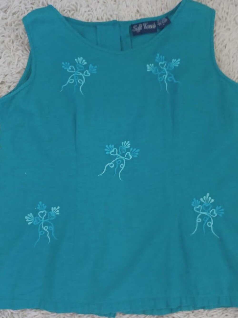 Soft Touch Linen Blend Embroidered Tank Top Turquoise Button Back Women's M/L